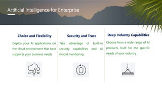 Artificial Intelligence for Enterprise
Choice and Flexibility
Deploy your AI applications on
the cloud environment that be...