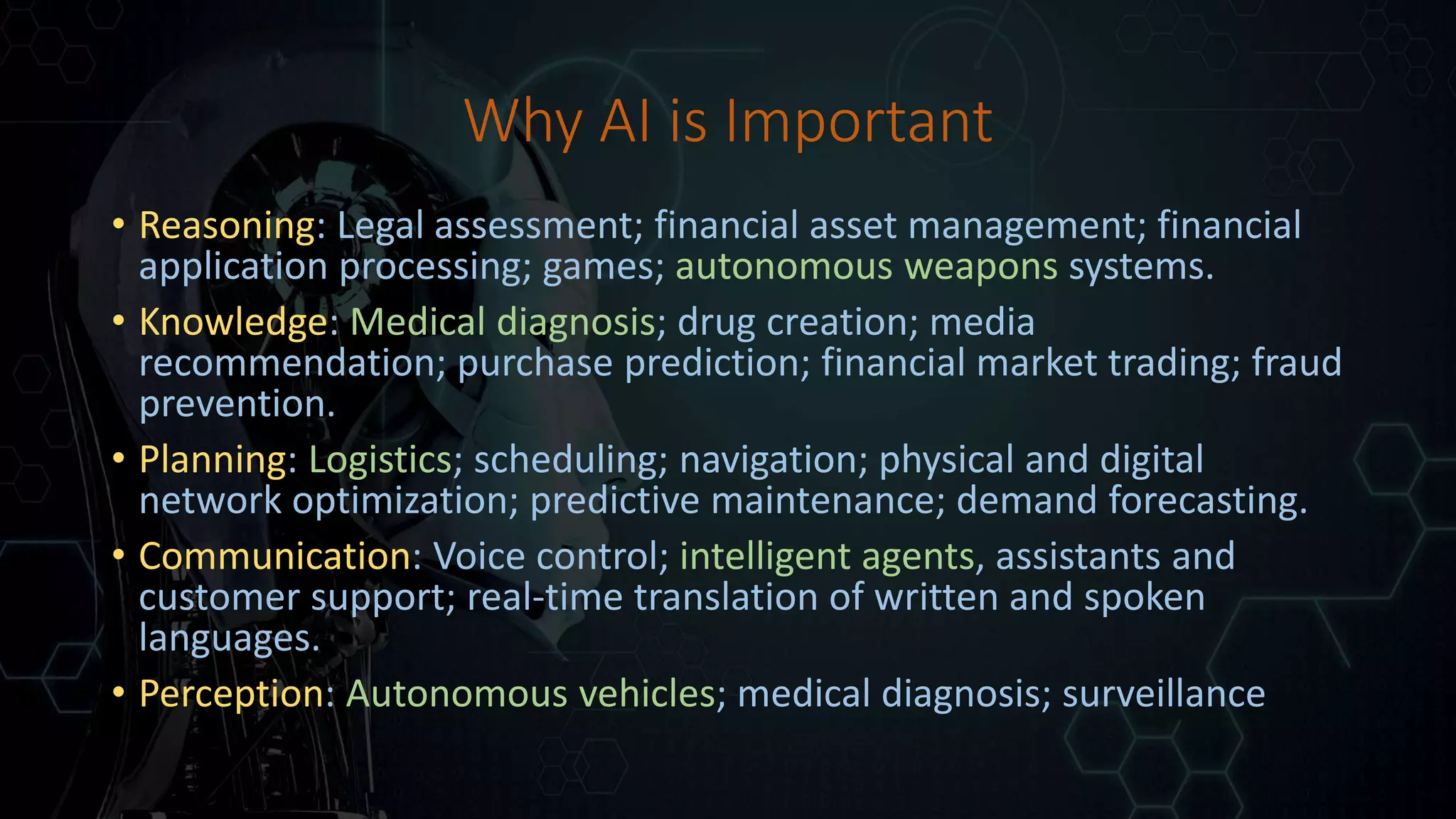 Why AI is Important
• Reasoning: Legal assessment; financial asset management; financial
application processing; games; autonomous weapons systems.
• Knowledge: Medical diagnosis; drug creation; media
recommendation; purchase prediction; financial market trading; fraud
prevention.
• Planning: Logistics; scheduling; navigation; physical and digital
network optimization; predictive maintenance; demand forecasting.
• Communication: Voice control; intelligent agents, assistants and
customer support; real-time translation of written and spoken
languages.
• Perception: Autonomous vehicles; medical diagnosis; surveillance
 