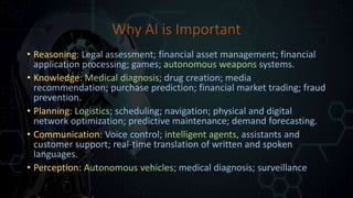 Why AI is Important
• Reasoning: Legal assessment; financial asset management; financial
application processing; games; autonomous weapons systems.
• Knowledge: Medical diagnosis; drug creation; media
recommendation; purchase prediction; financial market trading; fraud
prevention.
• Planning: Logistics; scheduling; navigation; physical and digital
network optimization; predictive maintenance; demand forecasting.
• Communication: Voice control; intelligent agents, assistants and
customer support; real-time translation of written and spoken
languages.
• Perception: Autonomous vehicles; medical diagnosis; surveillance
 