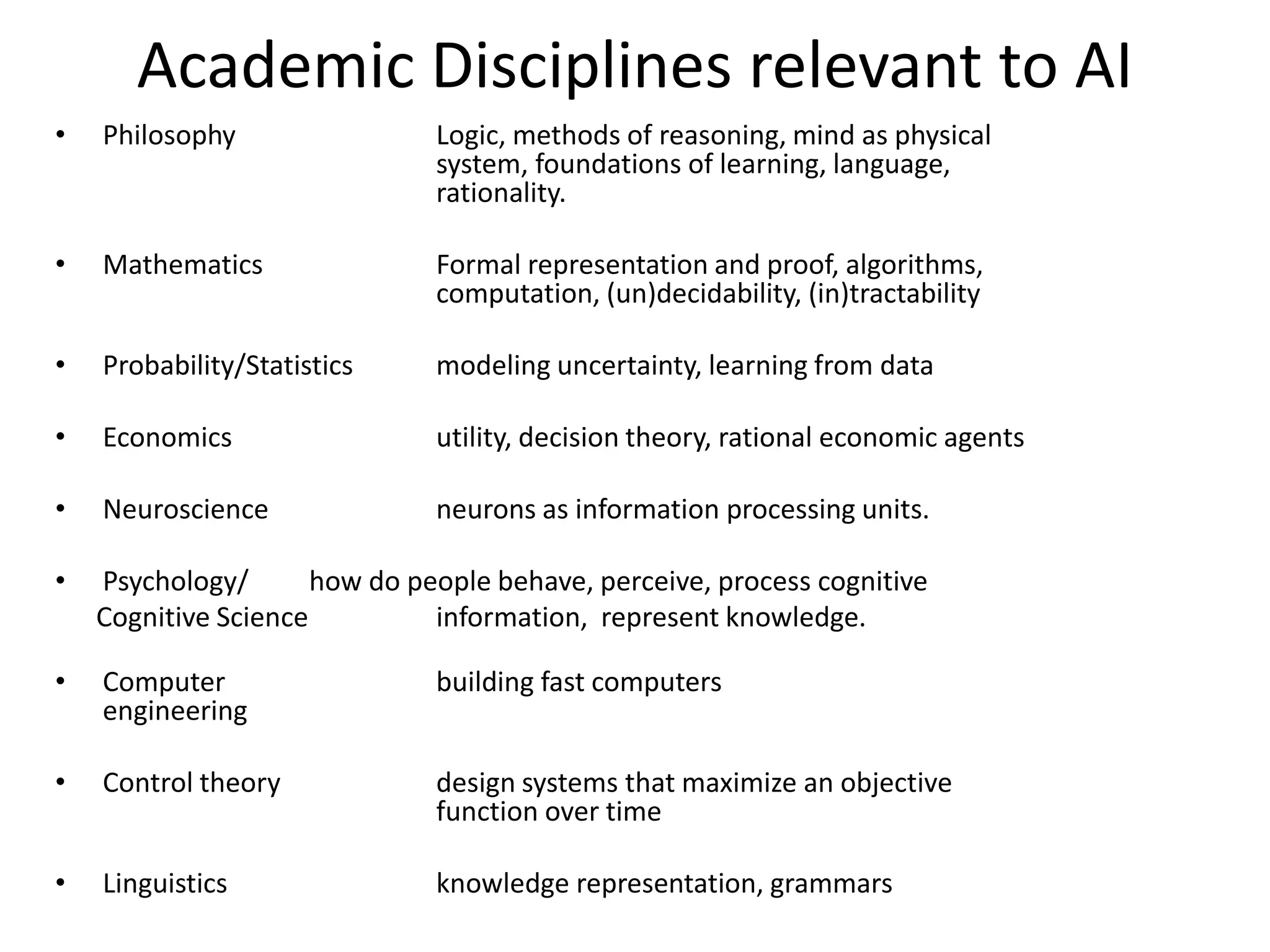 Academic Disciplines relevant to AI
• Philosophy Logic, methods of reasoning, mind as physical
system, foundations of learning, language,
rationality.
• Mathematics Formal representation and proof, algorithms,
computation, (un)decidability, (in)tractability
• Probability/Statistics modeling uncertainty, learning from data
• Economics utility, decision theory, rational economic agents
• Neuroscience neurons as information processing units.
• Psychology/ how do people behave, perceive, process cognitive
Cognitive Science information, represent knowledge.
• Computer building fast computers
engineering
• Control theory design systems that maximize an objective
function over time
• Linguistics knowledge representation, grammars
 