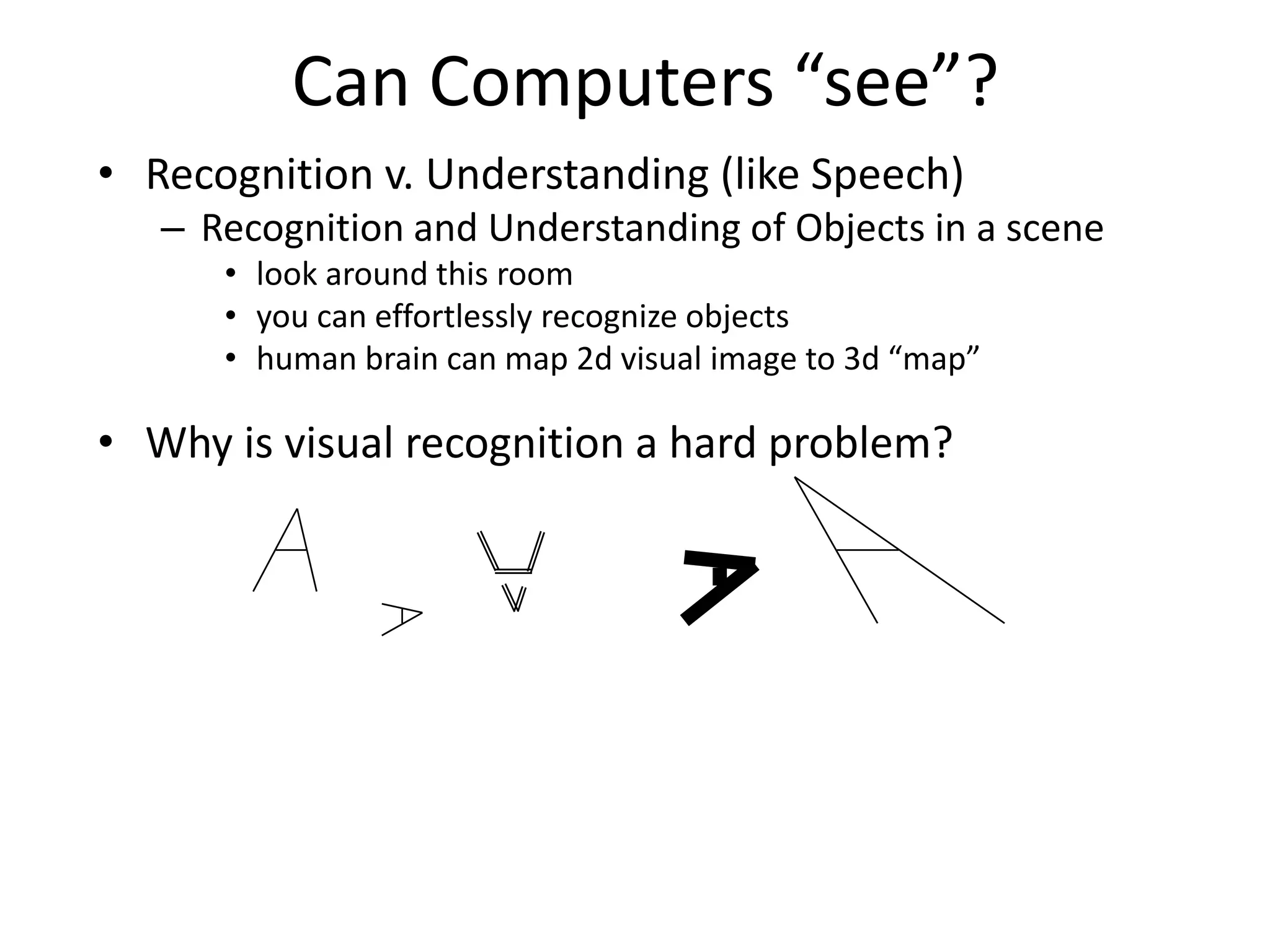 • Recognition v. Understanding (like Speech)
– Recognition and Understanding of Objects in a scene
• look around this room
• you can effortlessly recognize objects
• human brain can map 2d visual image to 3d “map”
• Why is visual recognition a hard problem?
Can Computers “see”?
 