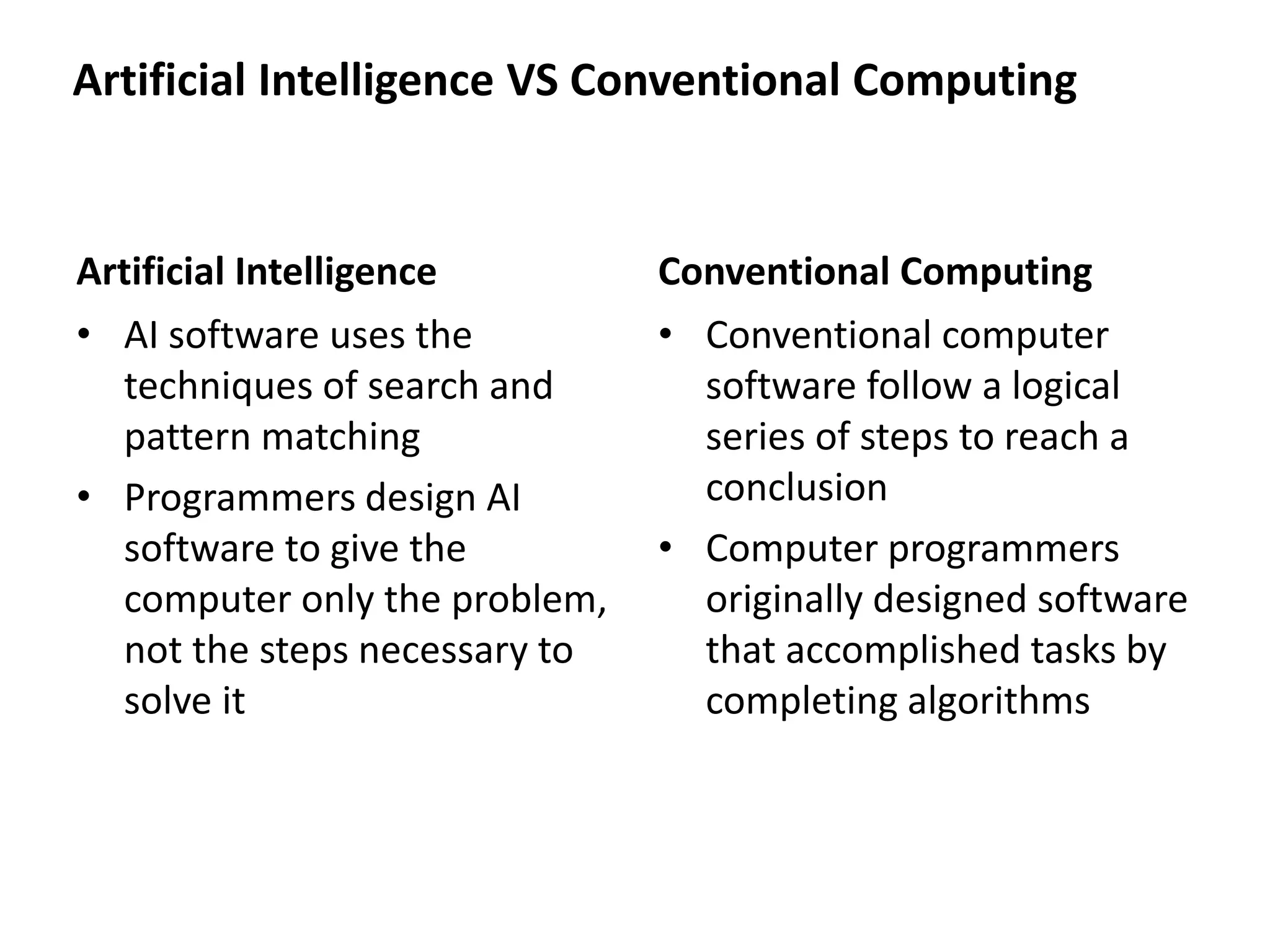 Artificial Intelligence
• AI software uses the
techniques of search and
pattern matching
• Programmers design AI
software to give the
computer only the problem,
not the steps necessary to
solve it
Conventional Computing
• Conventional computer
software follow a logical
series of steps to reach a
conclusion
• Computer programmers
originally designed software
that accomplished tasks by
completing algorithms
Artificial Intelligence VS Conventional Computing
 