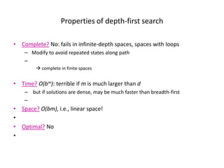 Properties of depth-first search
• Complete? No: fails in infinite-depth spaces, spaces with loops
– Modify to avoid repeated states along path
–
 complete in finite spaces
• Time? O(bm): terrible if m is much larger than d
– but if solutions are dense, may be much faster than breadth-first
–
• Space? O(bm), i.e., linear space!
•
• Optimal? No
•
 