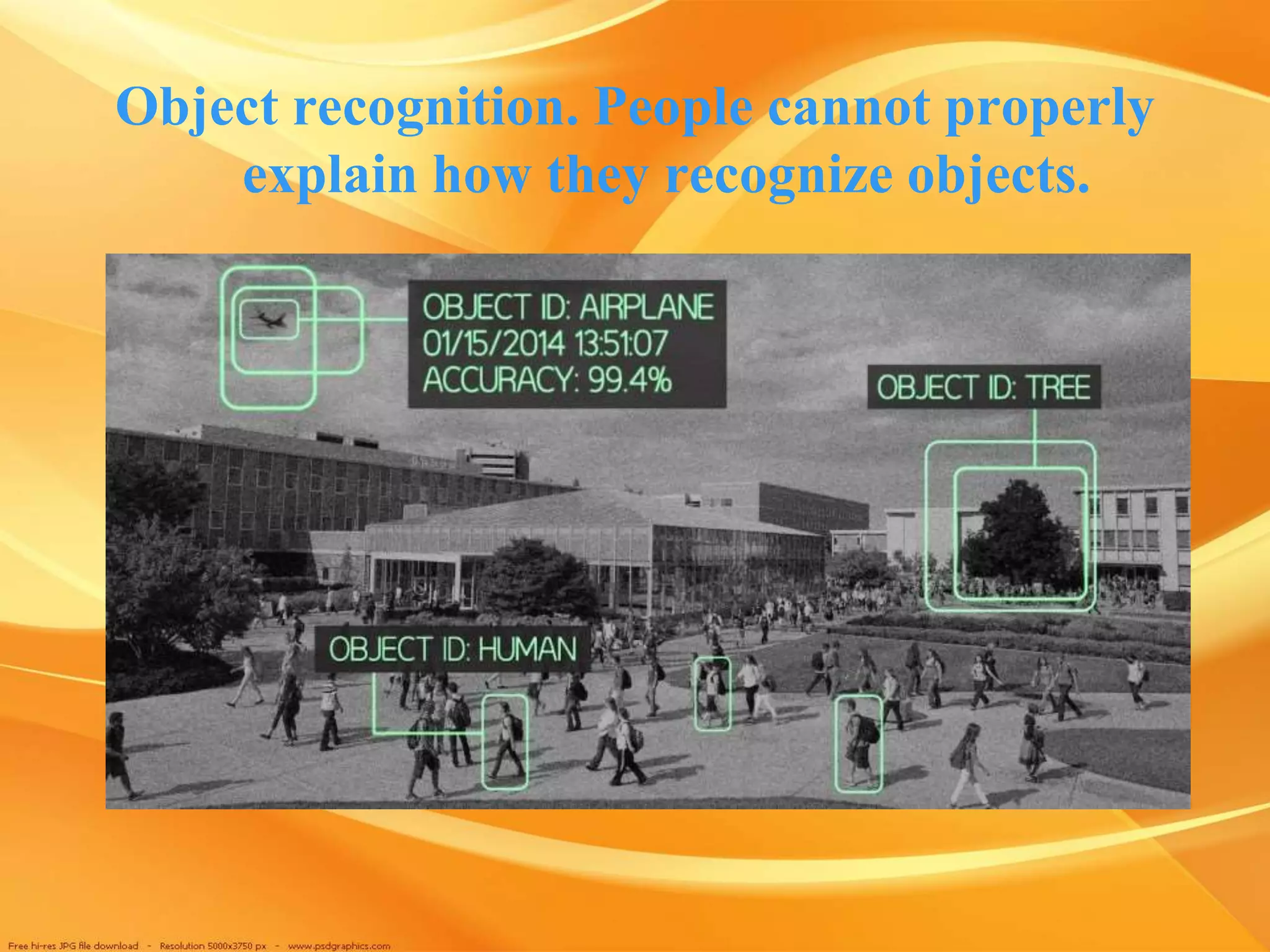 Object recognition. People cannot properly
explain how they recognize objects.
 
