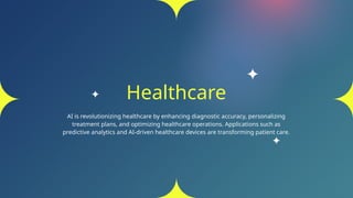 Healthcare
AI is revolutionizing healthcare by enhancing diagnostic accuracy, personalizing
treatment plans, and optimizing healthcare operations. Applications such as
predictive analytics and AI-driven healthcare devices are transforming patient care.
 