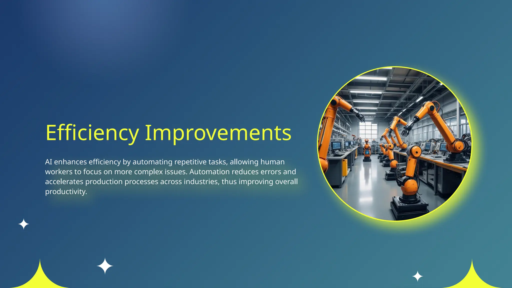Efficiency Improvements
AI enhances efficiency by automating repetitive tasks, allowing human
workers to focus on more complex issues. Automation reduces errors and
accelerates production processes across industries, thus improving overall
productivity.
 