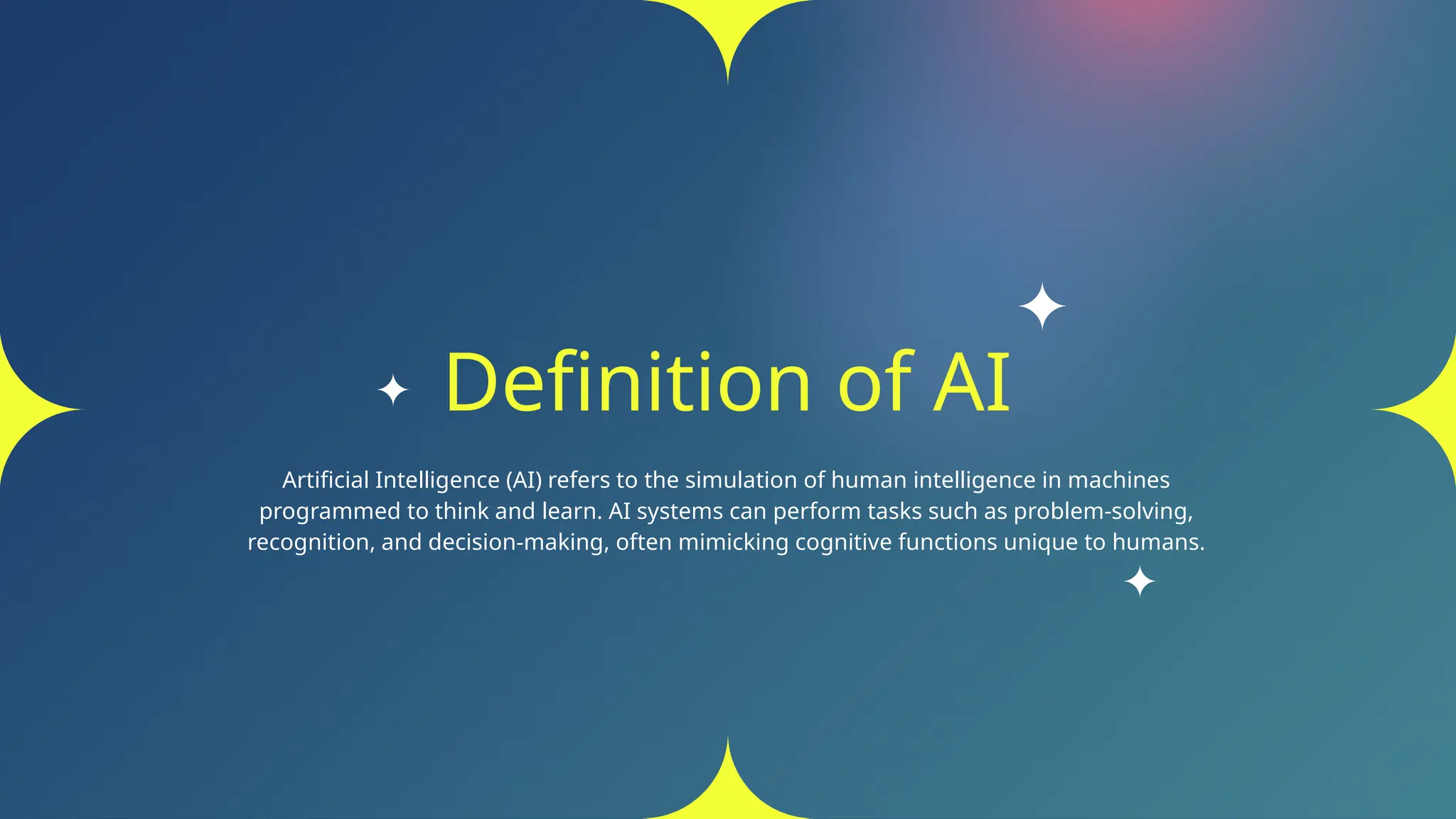 Definition of AI
Artificial Intelligence (AI) refers to the simulation of human intelligence in machines
programmed to think and learn. AI systems can perform tasks such as problem-solving,
recognition, and decision-making, often mimicking cognitive functions unique to humans.
 