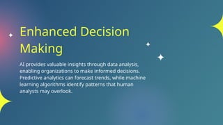 Enhanced Decision
Making
AI provides valuable insights through data analysis,
enabling organizations to make informed decisions.
Predictive analytics can forecast trends, while machine
learning algorithms identify patterns that human
analysts may overlook.
 