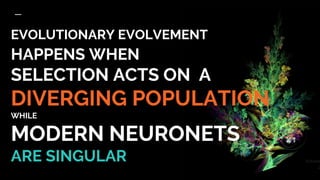EVOLUTIONARY EVOLVEMENT
HAPPENS WHEN
SELECTION ACTS ON A
DIVERGING POPULATION
WHILE
MODERN NEURONETS
ARE SINGULAR
 