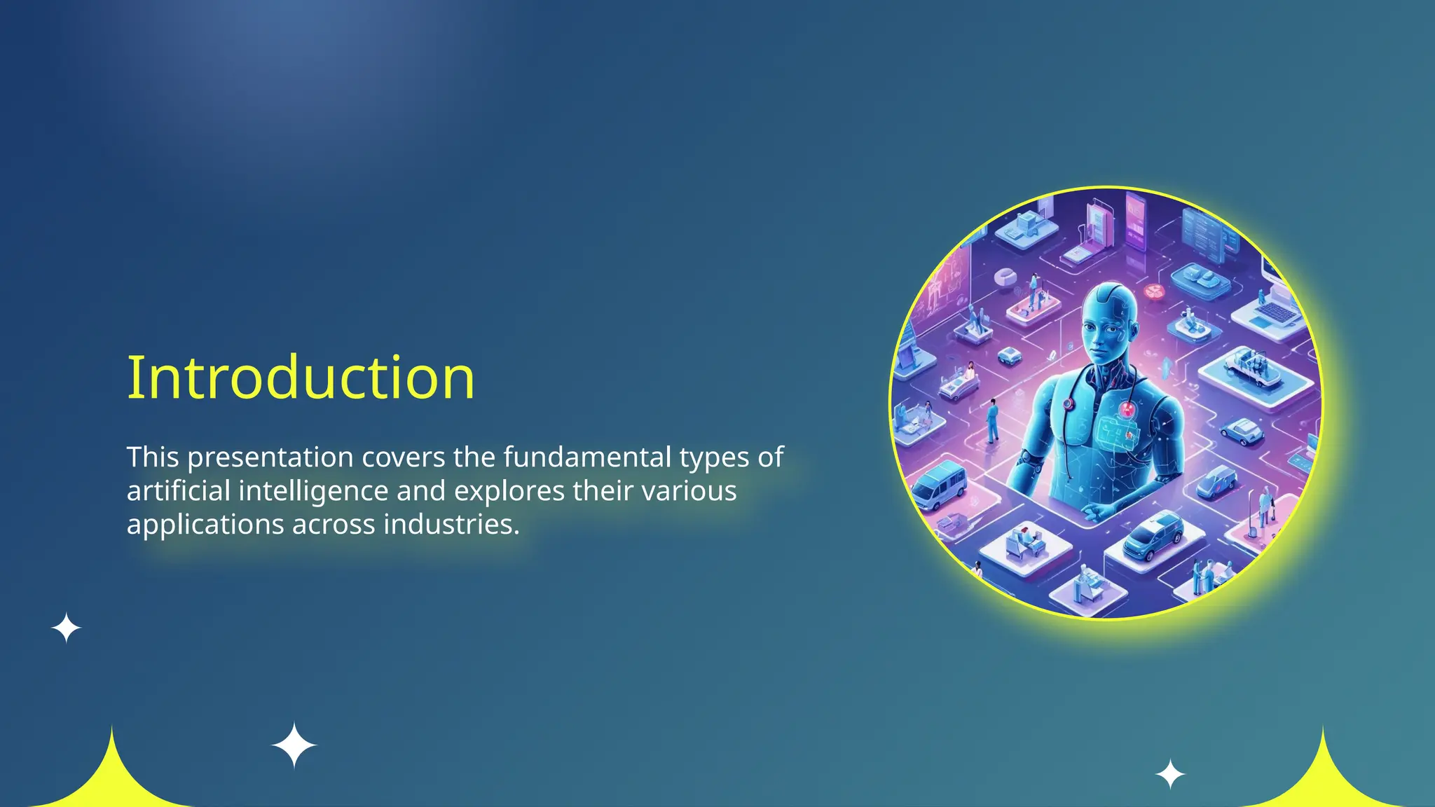 Introduction
This presentation covers the fundamental types of
artificial intelligence and explores their various
applications across industries.
 
