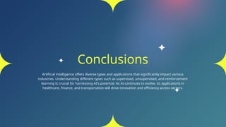 Conclusions
Artificial intelligence offers diverse types and applications that significantly impact various
industries. Understanding different types such as supervised, unsupervised, and reinforcement
learning is crucial for harnessing AI's potential. As AI continues to evolve, its applications in
healthcare, finance, and transportation will drive innovation and efficiency across sectors.
 