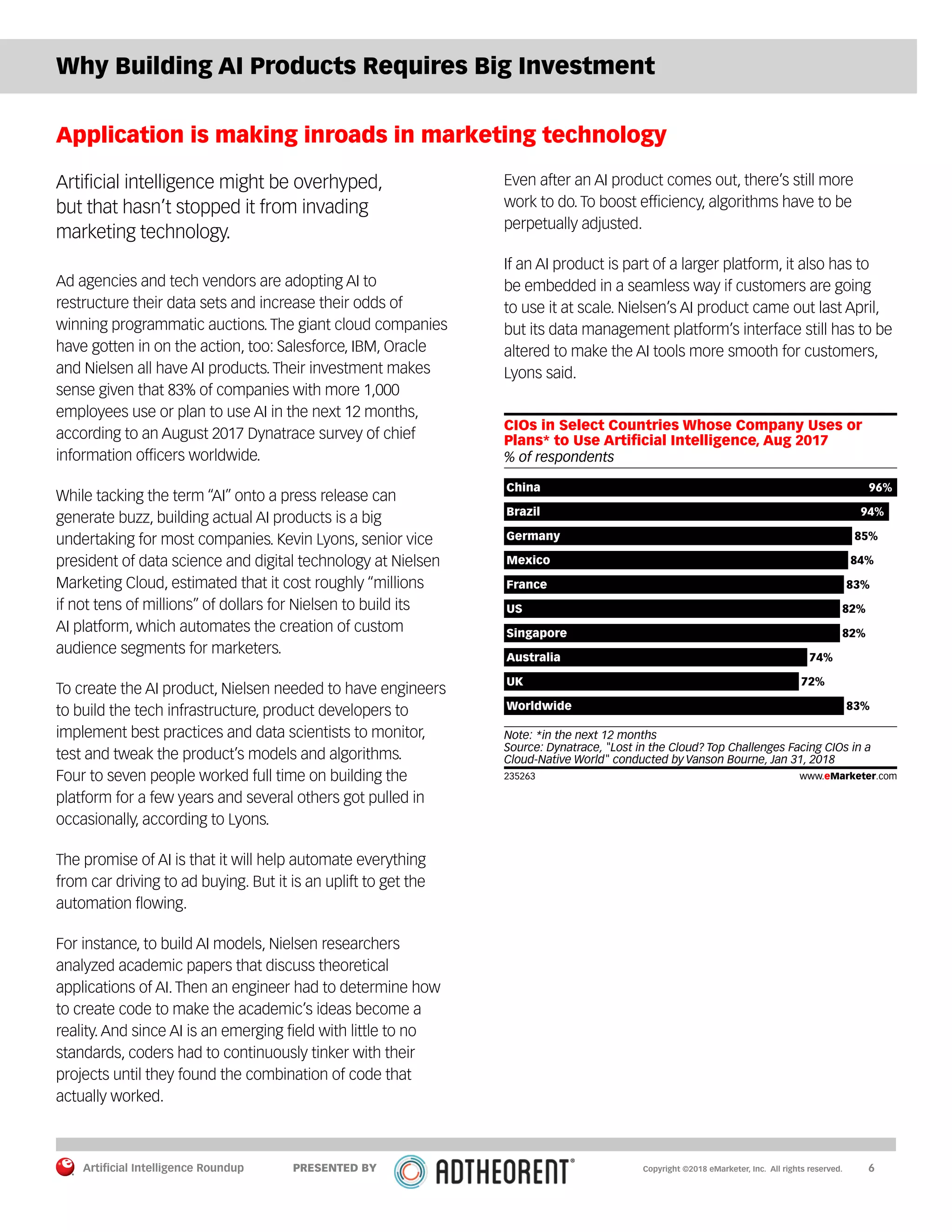 Artificial Intelligence Roundup 		 6
Why Building AI Products Requires Big Investment
Application is making inroads in marketing technology
Artificial intelligence might be overhyped,
but that hasn’t stopped it from invading
marketing technology.
Ad agencies and tech vendors are adopting AI to
restructure their data sets and increase their odds of
winning programmatic auctions. The giant cloud companies
have gotten in on the action, too: Salesforce, IBM, Oracle
and Nielsen all have AI products. Their investment makes
sense given that 83% of companies with more 1,000
employees use or plan to use AI in the next 12 months,
according to an August 2017 Dynatrace survey of chief
information officers worldwide.
While tacking the term “AI” onto a press release can
generate buzz, building actual AI products is a big
undertaking for most companies. Kevin Lyons, senior vice
president of data science and digital technology at Nielsen
Marketing Cloud, estimated that it cost roughly “millions
if not tens of millions” of dollars for Nielsen to build its
AI platform, which automates the creation of custom
audience segments for marketers.
To create the AI product, Nielsen needed to have engineers
to build the tech infrastructure, product developers to
implement best practices and data scientists to monitor,
test and tweak the product’s models and algorithms.
Four to seven people worked full time on building the
platform for a few years and several others got pulled in
occasionally, according to Lyons.
The promise of AI is that it will help automate everything
from car driving to ad buying. But it is an uplift to get the
automation flowing.
For instance, to build AI models, Nielsen researchers
analyzed academic papers that discuss theoretical
applications of AI. Then an engineer had to determine how
to create code to make the academic’s ideas become a
reality. And since AI is an emerging field with little to no
standards, coders had to continuously tinker with their
projects until they found the combination of code that
actually worked.
Even after an AI product comes out, there’s still more
work to do. To boost efficiency, algorithms have to be
perpetually adjusted.
If an AI product is part of a larger platform, it also has to
be embedded in a seamless way if customers are going
to use it at scale. Nielsen’s AI product came out last April,
but its data management platform’s interface still has to be
altered to make the AI tools more smooth for customers,
Lyons said.
% of respondents
CIOs in Select Countries Whose Company Uses or
Plans* to Use Artiﬁcial Intelligence, Aug 2017
China 96%
Brazil 94%
Germany 85%
Mexico 84%
France 83%
US 82%
Singapore 82%
Australia 74%
UK 72%
Worldwide 83%
Note: *in the next 12 months
Source: Dynatrace, "Lost in the Cloud? Top Challenges Facing CIOs in a
Cloud-Native World" conducted by Vanson Bourne, Jan 31, 2018
235263 www.eMarketer.com
Copyright ©2018 eMarketer, Inc. All rights reserved.PRESENTED BY
 