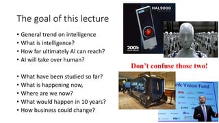 The goal of this lecture
• General trend on intelligence
• What is intelligence?
• How far ultimately AI can reach?
• AI will take over human?
• What have been studied so far?
• What is happening now,
• Where are we now?
• What would happen in 10 years?
• How business could change?
Don’t confuse those two!
HAL
I, Robot
 
