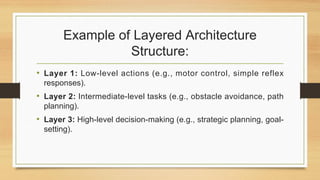 Example of Layered Architecture
Structure:
• Layer 1: Low-level actions (e.g., motor control, simple reflex
responses).
• Layer 2: Intermediate-level tasks (e.g., obstacle avoidance, path
planning).
• Layer 3: High-level decision-making (e.g., strategic planning, goal-
setting).
 
