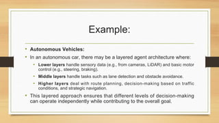 Example:
• Autonomous Vehicles:
• In an autonomous car, there may be a layered agent architecture where:
• Lower layers handle sensory data (e.g., from cameras, LiDAR) and basic motor
control (e.g., steering, braking).
• Middle layers handle tasks such as lane detection and obstacle avoidance.
• Higher layers deal with route planning, decision-making based on traffic
conditions, and strategic navigation.
• This layered approach ensures that different levels of decision-making
can operate independently while contributing to the overall goal.
 