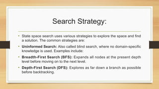 Search Strategy:
• State space search uses various strategies to explore the space and find
a solution. The common strategies are:
• Uninformed Search: Also called blind search, where no domain-specific
knowledge is used. Examples include:
• Breadth-First Search (BFS): Expands all nodes at the present depth
level before moving on to the next level.
• Depth-First Search (DFS): Explores as far down a branch as possible
before backtracking.
 