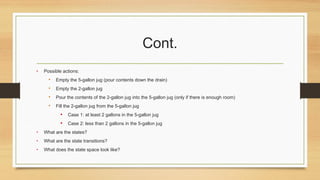 Cont.
• Possible actions:
• Empty the 5-gallon jug (pour contents down the drain)
• Empty the 2-gallon jug
• Pour the contents of the 2-gallon jug into the 5-gallon jug (only if there is enough room)
• Fill the 2-gallon jug from the 5-gallon jug
• Case 1: at least 2 gallons in the 5-gallon jug
• Case 2: less than 2 gallons in the 5-gallon jug
• What are the states?
• What are the state transitions?
• What does the state space look like?
 