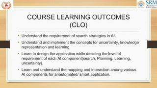 COURSE LEARNING OUTCOMES
(CLO)
• Understand the requirement of search strategies in AI.
• Understand and implement the concepts for uncertainty, knowledge
representation and learning.
• Learn to design the application while deciding the level of
requirement of each AI component(search, Planning, Learning,
uncertainty).
• Learn and understand the mapping and interaction among various
AI components for anautomated/ smart application.
 