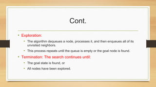 Cont.
• Exploration:
• The algorithm dequeues a node, processes it, and then enqueues all of its
unvisited neighbors.
• This process repeats until the queue is empty or the goal node is found.
• Termination: The search continues until:
• The goal state is found, or
• All nodes have been explored.
 