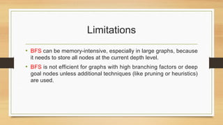 Limitations
• BFS can be memory-intensive, especially in large graphs, because
it needs to store all nodes at the current depth level.
• BFS is not efficient for graphs with high branching factors or deep
goal nodes unless additional techniques (like pruning or heuristics)
are used.
 