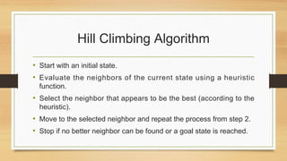 Hill Climbing Algorithm
• Start with an initial state.
• Evaluate the neighbors of the current state using a heuristic
function.
• Select the neighbor that appears to be the best (according to the
heuristic).
• Move to the selected neighbor and repeat the process from step 2.
• Stop if no better neighbor can be found or a goal state is reached.
 