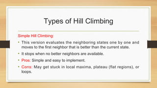 Types of Hill Climbing
Simple Hill Climbing:
• This version evaluates the neighboring states one by one and
moves to the first neighbor that is better than the current state.
• It stops when no better neighbors are available.
• Pros: Simple and easy to implement.
• Cons: May get stuck in local maxima, plateau (flat regions), or
loops.
 