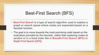 Best-First Search (BFS)
• Best-First Search is a type of search algorithm used to explore a
graph or search space where nodes are expanded based on a
heuristic function.
• The goal is to move towards the most promising node based on the
evaluation provided by the heuristic, rather than exploring nodes at
random or in a fixed order like in Breadth-First Search (BFS) or
Depth-First Search (DFS).
 