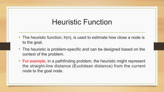 Heuristic Function
• The heuristic function, h(n), is used to estimate how close a node is
to the goal.
• The heuristic is problem-specific and can be designed based on the
context of the problem.
• For example, in a pathfinding problem, the heuristic might represent
the straight-line distance (Euclidean distance) from the current
node to the goal node.
 
