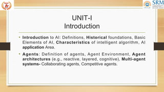 UNIT-I
Introduction
• Introduction to AI: Definitions, Historical foundations, Basic
Elements of AI, Characteristics of intelligent algorithm, AI
application Area.
• Agents: Definition of agents, Agent Environment, Agent
architectures (e.g., reactive, layered, cognitive), Multi-agent
systems- Collaborating agents, Competitive agents.
 