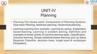 UNIT-IV
Planning
• Planning-The blocks world, Components of Planning Systems,
Goal stack Planning, Nonlinear planning, Hierarchical planning.
• Learning-Learning from example, Learning by advice, Explanation
based learning, Learning in problem solving, Definition and
examples of broad variety of machine learning tasks, Classification,
Inductive learning, Simple statistical-based learning such as Naive
Bayesian Classifier, decision trees, single layer & multiplayer
Perceptions,
 