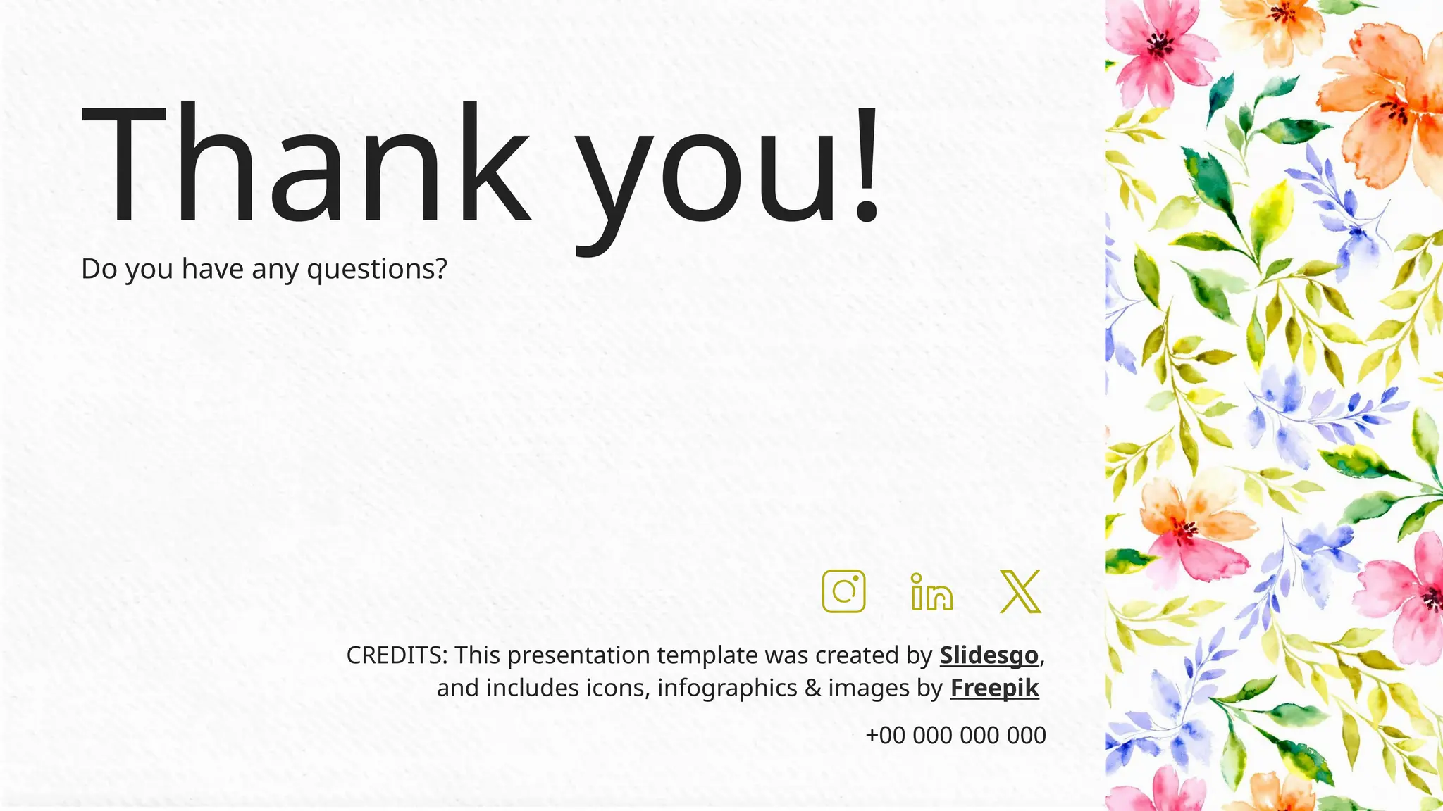 CREDITS: This presentation template was created by Slidesgo,
and includes icons, infographics & images by Freepik
Thank you!
Do you have any questions?
+00 000 000 000
 