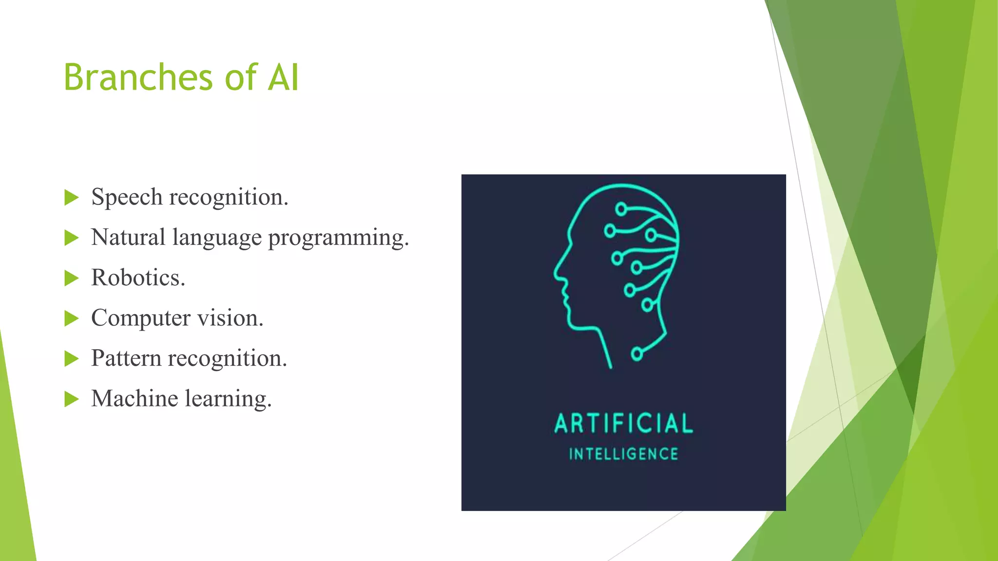 Branches of AI
 Speech recognition.
 Natural language programming.
 Robotics.
 Computer vision.
 Pattern recognition.
 Machine learning.
 