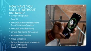 HOW HAVE YOU
USED IT WITHOUT
KNOWING?
• Categorizing Email
• Face ID
• Personalize Recommendations
From Streaming Services
• Personalized Advertising
• Virtual Assistants (Siri, Alexa)
• Autonomous Vehicles
• Fraud Detection
• Design Suggestions or Analyze
Date in Microsoft
Excel/PowerPoint
 