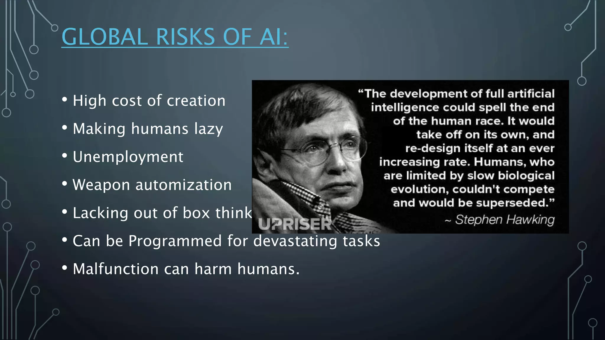GLOBAL RISKS OF AI:
• High cost of creation
• Making humans lazy
• Unemployment
• Weapon automization
• Lacking out of box thinking
• Can be Programmed for devastating tasks
• Malfunction can harm humans.
 