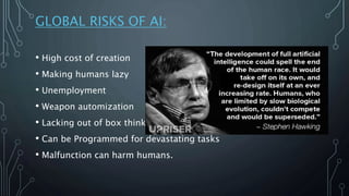 GLOBAL RISKS OF AI:
• High cost of creation
• Making humans lazy
• Unemployment
• Weapon automization
• Lacking out of box...