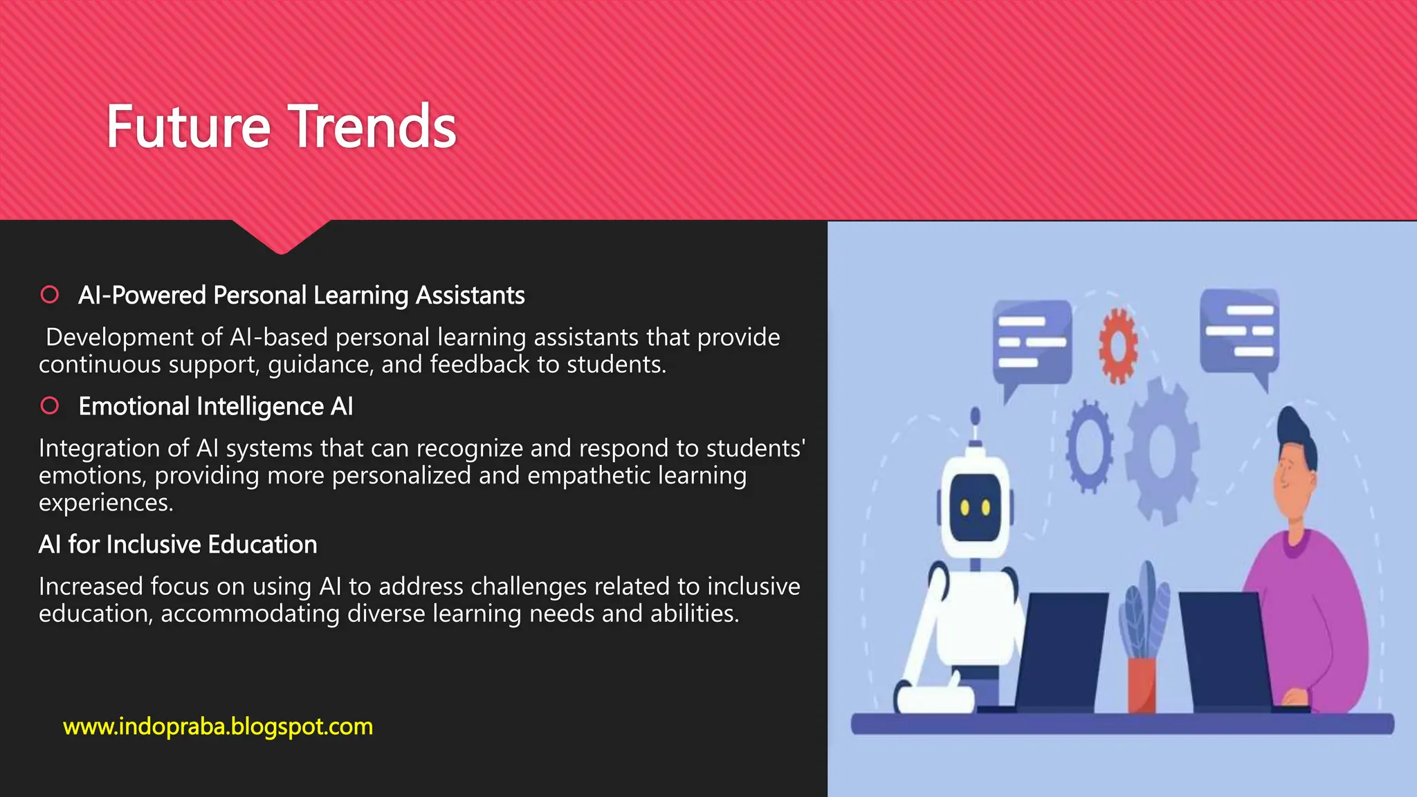 Future Trends
 AI-Powered Personal Learning Assistants
Development of AI-based personal learning assistants that provide
continuous support, guidance, and feedback to students.
 Emotional Intelligence AI
Integration of AI systems that can recognize and respond to students'
emotions, providing more personalized and empathetic learning
experiences.
AI for Inclusive Education
Increased focus on using AI to address challenges related to inclusive
education, accommodating diverse learning needs and abilities.
www.indopraba.blogspot.com
 