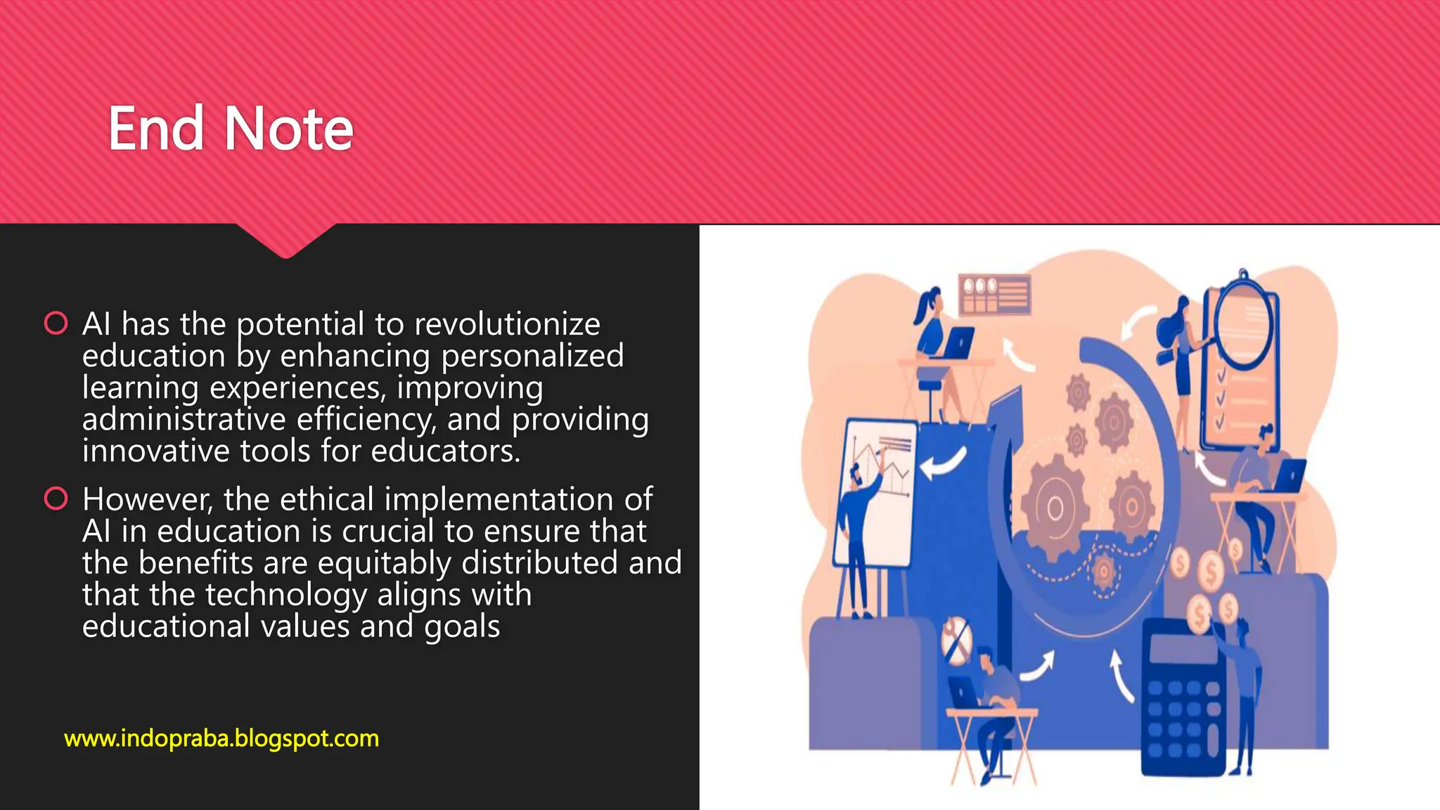 End Note
 AI has the potential to revolutionize
education by enhancing personalized
learning experiences, improving
administrative efficiency, and providing
innovative tools for educators.
 However, the ethical implementation of
AI in education is crucial to ensure that
the benefits are equitably distributed and
that the technology aligns with
educational values and goals
www.indopraba.blogspot.com
 