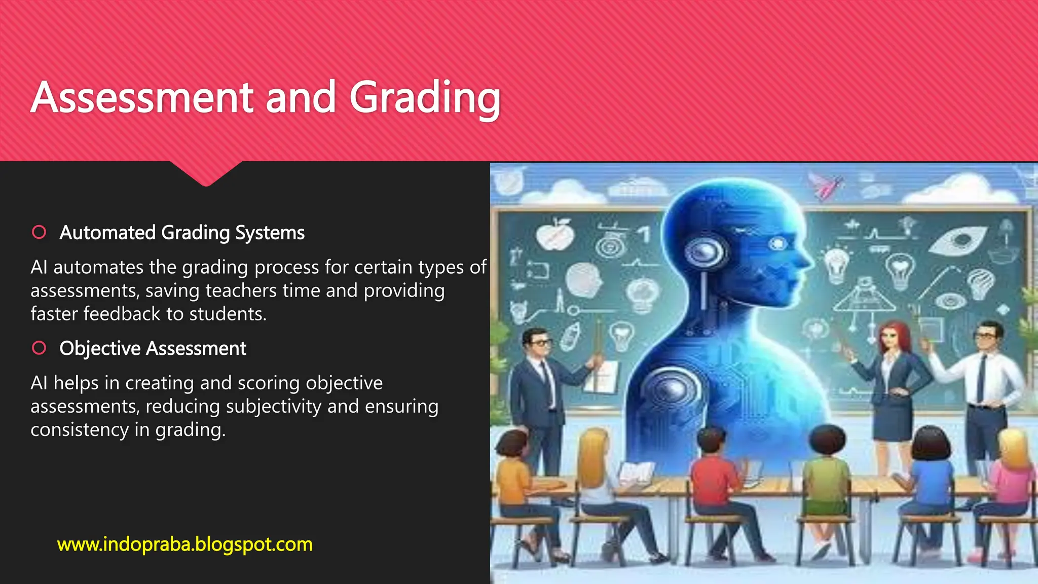 Assessment and Grading
 Automated Grading Systems
AI automates the grading process for certain types of
assessments, saving teachers time and providing
faster feedback to students.
 Objective Assessment
AI helps in creating and scoring objective
assessments, reducing subjectivity and ensuring
consistency in grading.
www.indopraba.blogspot.com
 