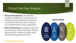 Clinical Trial Data Analysis
 Patient Recruitment: AI identifies
suitable candidates for clinical trials by
analyzing diverse datasets, improving
recruitment efficiency and ensuring a
more representative study population.
 Data Monitoring: AI supports real-time
monitoring of clinical trial data, helping
identify trends, potential safety issues,
and optimizing study protocols.
www.indopraba.blogspot.com
6
 