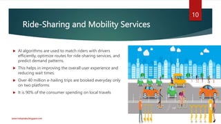 Ride-Sharing and Mobility Services
 AI algorithms are used to match riders with drivers
efficiently, optimize routes for ride-sharing services, and
predict demand patterns.
 This helps in improving the overall user experience and
reducing wait times.
 Over 40 million e-hailing trips are booked everyday only
on two platforms
 It is 90% of the consumer spending on local travels
www.indopraba.blogspot.com
10
 