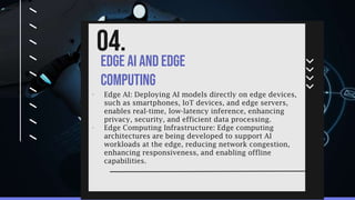 /(AI)
Edge AI and Edge
Computing
04.
• Edge AI: Deploying AI models directly on edge devices,
such as smartphones, IoT devices, and edge servers,
enables real-time, low-latency inference, enhancing
privacy, security, and efficient data processing.
• Edge Computing Infrastructure: Edge computing
architectures are being developed to support AI
workloads at the edge, reducing network congestion,
enhancing responsiveness, and enabling offline
capabilities.
 