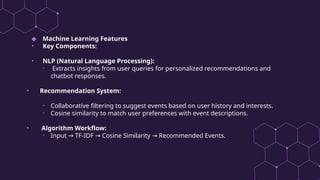 ◆ Machine Learning Features
• Key Components:
• NLP (Natural Language Processing):
• Extracts insights from user queries for personalized recommendations and
chatbot responses.
• Recommendation System:
• Collaborative filtering to suggest events based on user history and interests.
• Cosine similarity to match user preferences with event descriptions.
• Algorithm Workflow:
• Input TF-IDF Cosine Similarity Recommended Events.
→ → →
 