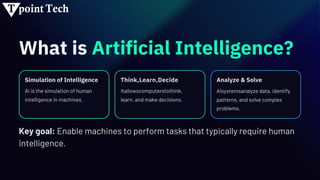 What is Artificial Intelligence?
Simulation of Intelligence Think,Learn,Decide Analyze & Solve
AI is the simulation of human
intelligence in machines.
Itallowscomputerstothink,
learn, and make decisions.
AIsystemsanalyze data, identify
patterns, and solve complex
problems.
Key goal: Enable machines to perform tasks that typically require human
intelligence.
 
