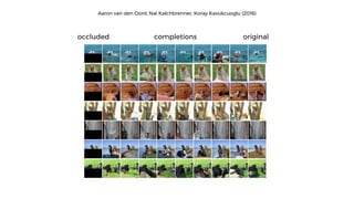 occluded completions original
Aaron van den Oord, Nal Kalchbrenner, Koray Kavukcuoglu (2016)
 