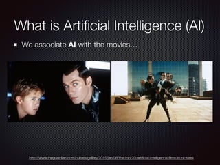 What is Artiﬁcial Intelligence (AI)
We associate AI with the movies…
http://www.theguardian.com/culture/gallery/2015/jan/08/the-top-20-artiﬁcial-intelligence-ﬁlms-in-pictures
 
