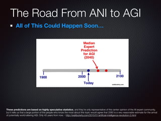 The Road From ANI to AGI
All of This Could Happen Soon…
These predictions are based on highly speculative statistics, and they’re only representative of the center opinion of the AI expert community,
but it tells us that a large portion of the people who know the most about this topic would agree that 2060 is a very reasonable estimate for the arrival
of potentially world-altering ASI. Only 45 years from now. - http://waitbutwhy.com/2015/01/artiﬁcial-intelligence-revolution-2.html
 
