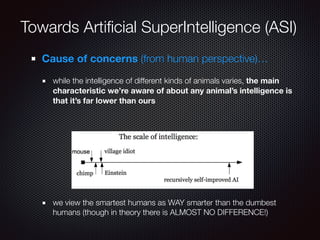 Towards Artiﬁcial SuperIntelligence (ASI)
Cause of concerns (from human perspective)…
while the intelligence of different kinds of animals varies, the main
characteristic we’re aware of about any animal’s intelligence is
that it’s far lower than ours
we view the smartest humans as WAY smarter than the dumbest
humans (though in theory there is ALMOST NO DIFFERENCE!)
 