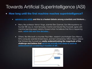 Towards Artiﬁcial SuperIntelligence (ASI)
How long until the ﬁrst machine reaches superintelligence?
opinions vary wildly and this is a heated debate among scientists and thinkers…
Many, like professor Vernor Vinge, scientist Ben Goertzel, Sun Microsystems co-
founder Bill Joy, or, most famously, inventor and futurist Ray Kurzweil, agree with
machine learning expert Jeremy Howard when he believes that this is happening
soon, within the next few decades…
Others, like Microsoft co-founder Paul Allen, research psychologist Gary Marcus,
NYU computer scientist Ernest Davis, and tech entrepreneur Mitch Kapor, believe
that thinkers like Kurzweil are vastly underestimating the magnitude of the
challenge and believe that we’re not actually that close to such an
achievement (if considering it feasible at all)…
 