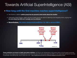 Towards Artiﬁcial SuperIntelligence (ASI)
How long until the ﬁrst machine reaches superintelligence?
Nick Bostrom, believes neither group has any ground to feel certain about the timeline
Philosopher Hubert Dreyfus, believe all three of these groups are naive for believing in the Singularity theory, arguing that
it’s more likely that ASI won’t actually ever be achieved.
Nevertheless, the more consensual prediction for ASI is around 2060…
These predictions are based on highly speculative statistics, and they’re only representative of the center opinion of the AI expert community,
but it tells us that a large portion of the people who know the most about this topic would agree that 2060 is a very reasonable estimate for the arrival
of potentially world-altering ASI. Only 45 years from now. - http://waitbutwhy.com/2015/01/artiﬁcial-intelligence-revolution-2.html
 