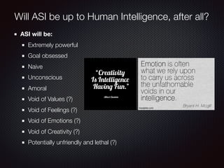 ASI will be:
Extremely powerful
Goal obsessed
Naive
Unconscious
Amoral
Void of Values (?)
Void of Feelings (?)
Void of Emotions (?)
Void of Creativity (?)
Potentially unfriendly and lethal (?)
Will ASI be up to Human Intelligence, after all?
 